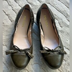 Prada Olive Green Leather Ballet Flats with Bow